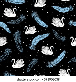 White swans with feather pattern on a black background. Vector.