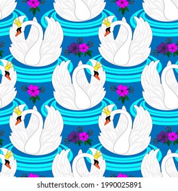  White swans and flowers, blue background. Seamless pattern, vector.