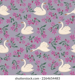 White swans and flowers on a light background. Seamless pattern. Background with birds for banners, wallpapers, wrapping papers, websites, fabrics, postcards.