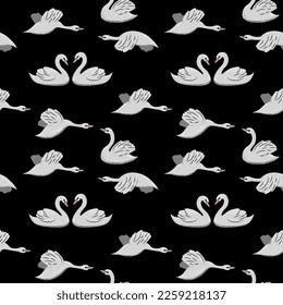Cisne blanco sobre fondo negro. Patrón sin foco. Antecedentes con pájaros para carteles, papeles pintados, papeles para envolver, sitios web, telas, postales.