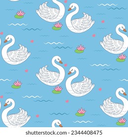 Cisnes blancos de fondo azul. Patrón sin foco. Para el diseño de tela para bebés, papeles pintados, fondos, reserva de recortes, papel de envoltura, etc. Vector