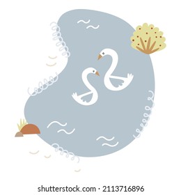 White swans on the lake. Cartoon map kids nursery poster print isolated on white background. Vector hand drawn illustration