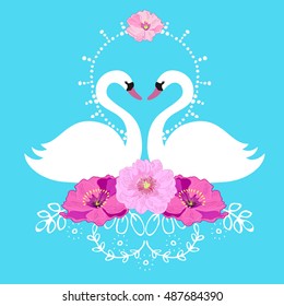 White swans and peonies. Background, Design Element. Vector.