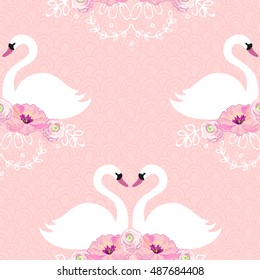 White swans and peonies. Gentle seamless pattern. Background, Design Element. Vector.