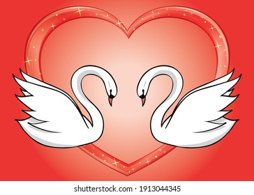 white swans and red heart - vector card