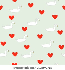 White swans and red hearts. Romantic print. Seamless patern, vector design eps 10