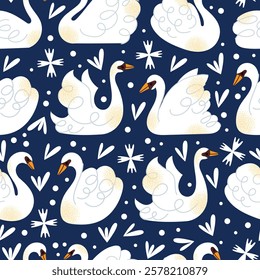 White swans seamless pattern. Elegant white birds collection. Different poses. Cartoon style, flat design. Minimalist vector illustration with birds and ornamental elements isolated on background