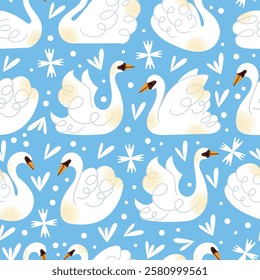 White swans seamless pattern. Elegant white birds collection. Different poses. Cartoon style, flat design. Minimalist vector illustration with birds and ornamental elements isolated on background