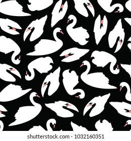 White swans seamless pattern on black background, vector illustration