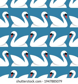 White swans seamless pattern on blue background, vector illustration.