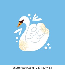 White swans set. Elegant white birds collection. Different poses. Cartoon style, flat design. Minimalist vector illustration with birds and ornamental elements isolated on background