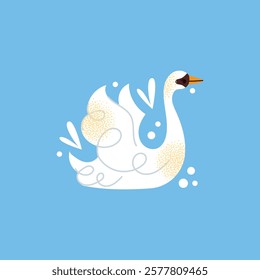 White swans set. Elegant white birds collection. Different poses. Cartoon style, flat design. Minimalist vector illustration with birds and ornamental elements isolated on background