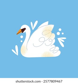 White swans set. Elegant white birds collection. Different poses. Cartoon style, flat design. Minimalist vector illustration with birds and ornamental elements isolated on background