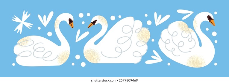 White swans set. Elegant white birds collection. Different poses. Cartoon style, flat design. Minimalist vector illustration with birds and ornamental elements isolated on background