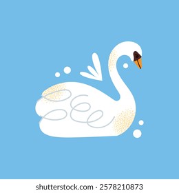 White swans set. Elegant white birds collection. Different poses. Cartoon style, flat design. Minimalist vector illustration with birds and ornamental elements isolated on background