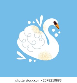 White swans set. Elegant white birds collection. Different poses. Cartoon style, flat design. Minimalist vector illustration with birds and ornamental elements isolated on background