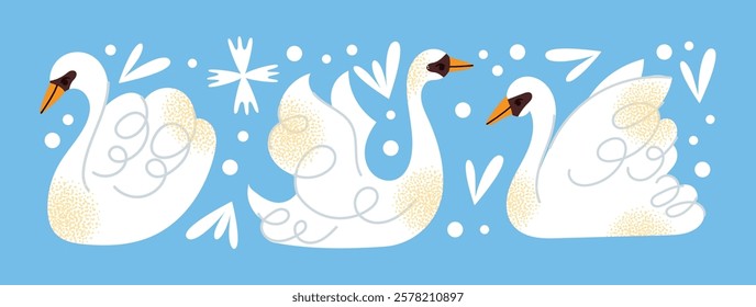 White swans set. Elegant white birds collection. Different poses. Cartoon style, flat design. Minimalist vector illustration with birds and ornamental elements isolated on background