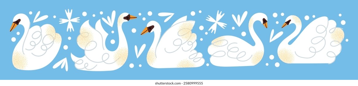 White swans set. Elegant white birds collection. Different poses. Cartoon style, flat design. Minimalist vector illustration with birds and ornamental elements isolated on background