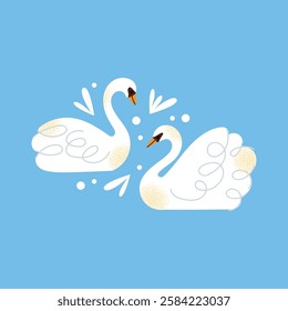 White swans set. Elegant white birds collection. Different poses. Cartoon style, flat design. Minimalist vector illustration with birds and ornamental elements isolated on background