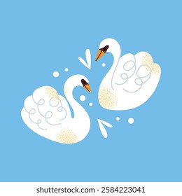 White swans set. Elegant white birds collection. Different poses. Cartoon style, flat design. Minimalist vector illustration with birds and ornamental elements isolated on background