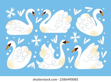 White swans set. Elegant white birds collection. Different poses. Cartoon style, flat design. Minimalist vector illustration with birds and ornamental elements isolated on background