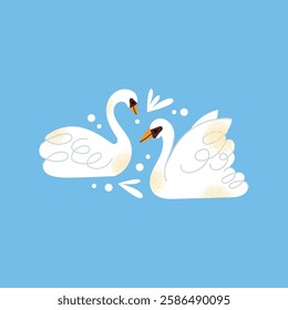 White swans set. Elegant white birds collection. Different poses. Cartoon style, flat design. Minimalist vector illustration with birds and ornamental elements isolated on background