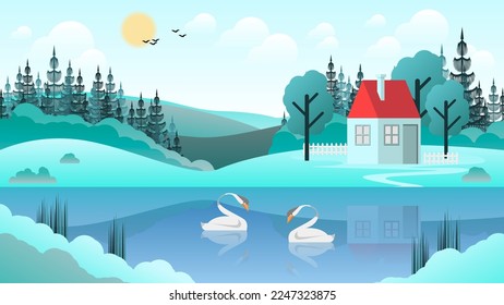 White swans swim in a pond among the grassy banks against the backdrop of hills with a cute house with a garden and a fence, bushes, coniferous trees, a sky with the sun, clouds, flying birds. Vector.