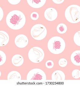 White swans, water lily and bubbles seamless pattern on pink background