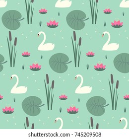 White swans, water lily, bulrush and leaves seamless pattern on mint green background. Cute lake life art background. Fashion design for fabric, wallpaper, textile and decor.