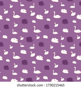White swans and water lily seamless pattern design
