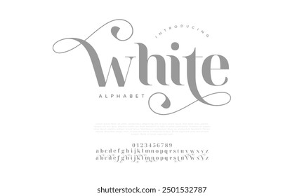 White swash luxury elegant alphabet letters and numbers. Vintage wedding typography classic serif font decorative vintage retro. creative vector illustration