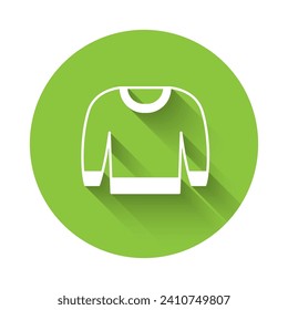 White Sweater icon isolated with long shadow background. Pullover icon. Sweatshirt sign. Green circle button. Vector