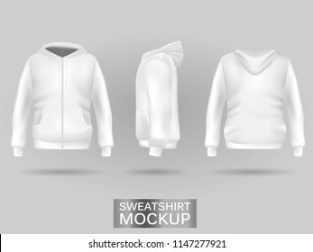 White sweatshirt hoodie template in three dimensions: front, side and back view, realistic gradient mesh vector. Clothes for sport and urban style