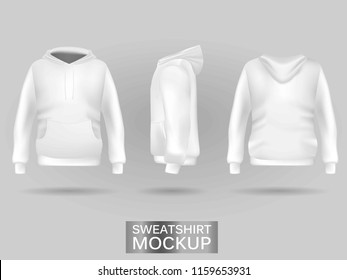 White sweatshirt hoodie without zip template in three dimensions: front, side and back view, realistic gradient mesh vector. Clothes for sport and urban style