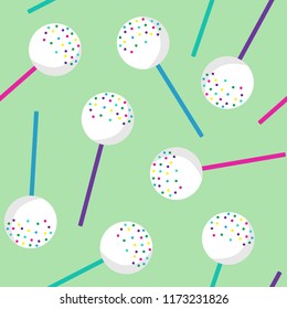 white sweet round lollipop on colorful sticks sprinkled with colorful candy on a green background pattern seamless vector.