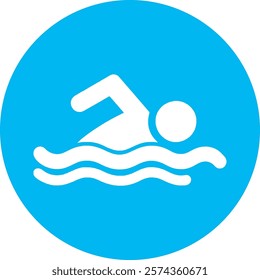 A white swimming icon depicting a swimmer in motion, with flowing lines symbolizing water, sits centered on a light blue circular background. The pastel blue evokes freshness, energy, and modern style