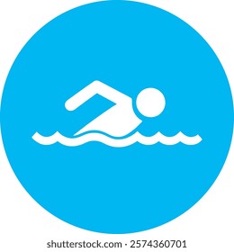 A white swimming icon depicting a swimmer in motion, with flowing lines symbolizing water, sits centered on a light blue circular background. The pastel blue evokes freshness, energy, and modern style