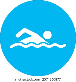 A white swimming icon depicting a swimmer in motion, with flowing lines symbolizing water, sits centered on a light blue circular background. The pastel blue evokes freshness, energy, and modern style