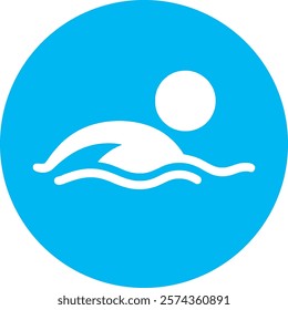 A white swimming icon depicting a swimmer in motion, with flowing lines symbolizing water, sits centered on a light blue circular background. The pastel blue evokes freshness, energy, and modern style