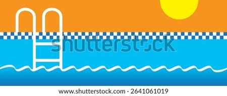 White swimming pool ladder inviting to refresh in blue water with checkered border and orange summer sky in the background with yellow sun shining