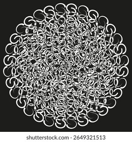 Agrégat de tourbillons blancs. Orbe de musique en boucle dense. Image vectorielle à boule en spirale. Arrière-plan carré foncé.