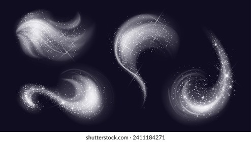 White swirl fragrance wind spraying with glow effect and snow particles. Realistic vector illustration set of cold fresh breeze spray stream motion with snowflakes and bright luminous sparkles.