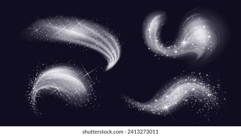 White swirl fragrance wind spraying with glow effect and snow particles. Realistic vector illustration set of cold fresh breeze spray stream motion with snowflakes and bright luminous sparkles.