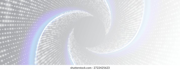 Fondo de remolino blanco de Pequeñas partículas brillantes. Túnel retorcido de llamaradas brillantes. Onda espiral de puntos. Espiral de Vector semitono giratorio. 