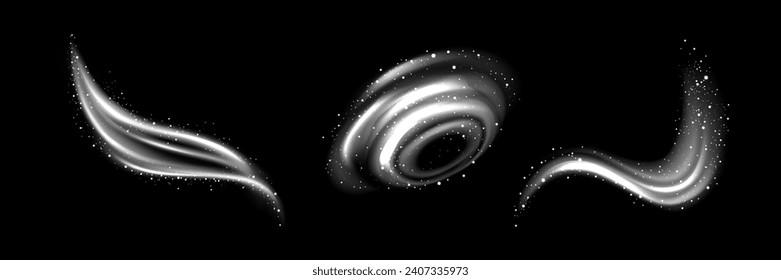 White swirls set isolated on black background. Vector realistic illustration of neon light waves and infinity sign, magic sparkling particles, clean laundry aroma trail, fresh frosty air in winter