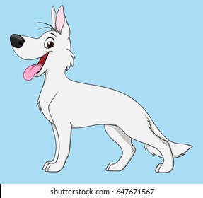 White swiss shepherd dog isolated on blue background. Vector cartoon Illustration