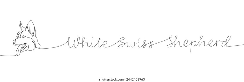 White Swiss Shepherd Dog, shepherd dog one line art. Continuous line drawing of friend, dog, doggy, friendship, care, pet, animal, family, canine with inscription, lettering, handwritten.