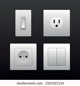 White switchs and sockets set vector isolated on black background. Wall switch. Power electrical socket electricity turn of and on plug. Electrical plug electric, power electricity sockets. Vector