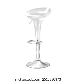 White swivel bar stool with foot rest. 3d mockup. High bar chair with adjustable height round chrome metal base. Realistic vector mock-up