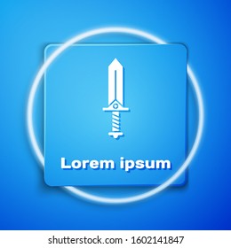 White Sword for game icon isolated on blue background. Blue square button. Vector Illustration